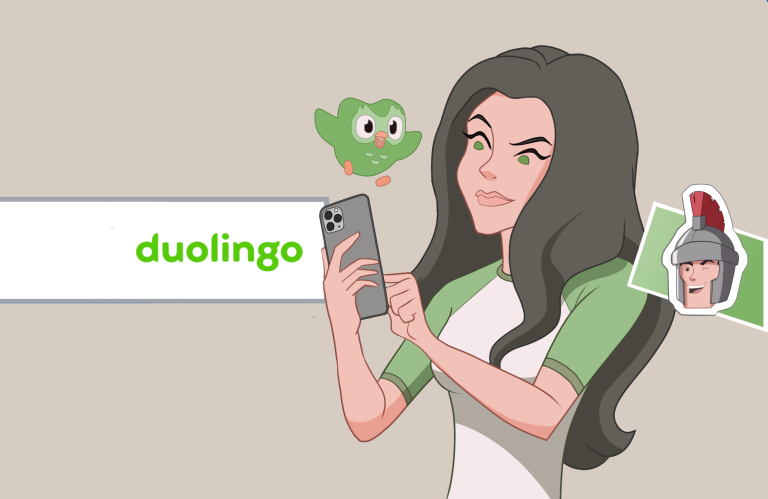 Young lady using Duolingo cartoon