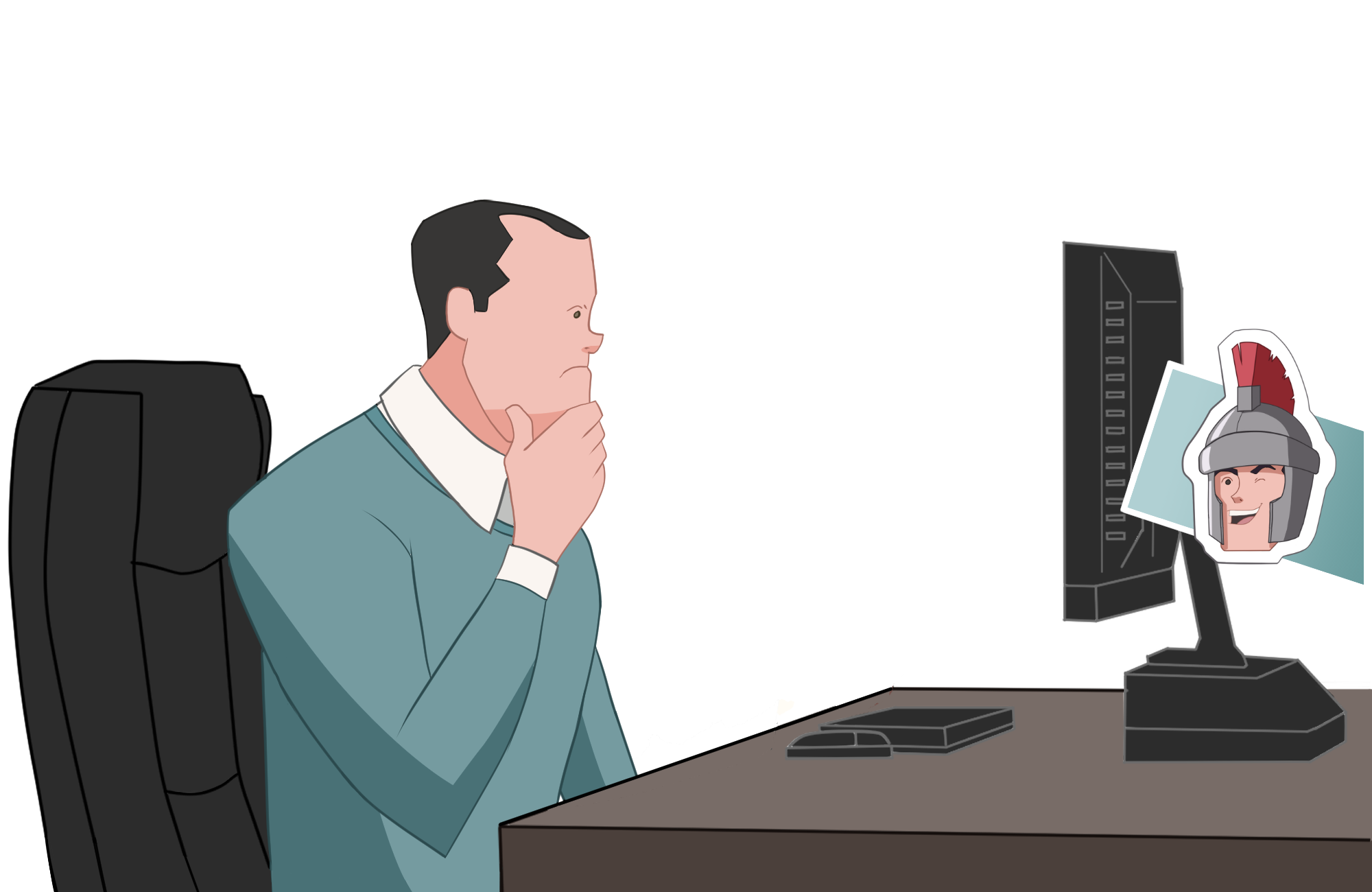 Middle age man reading with PC cartoon