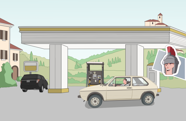 Car at Italian Gas Station cartoon