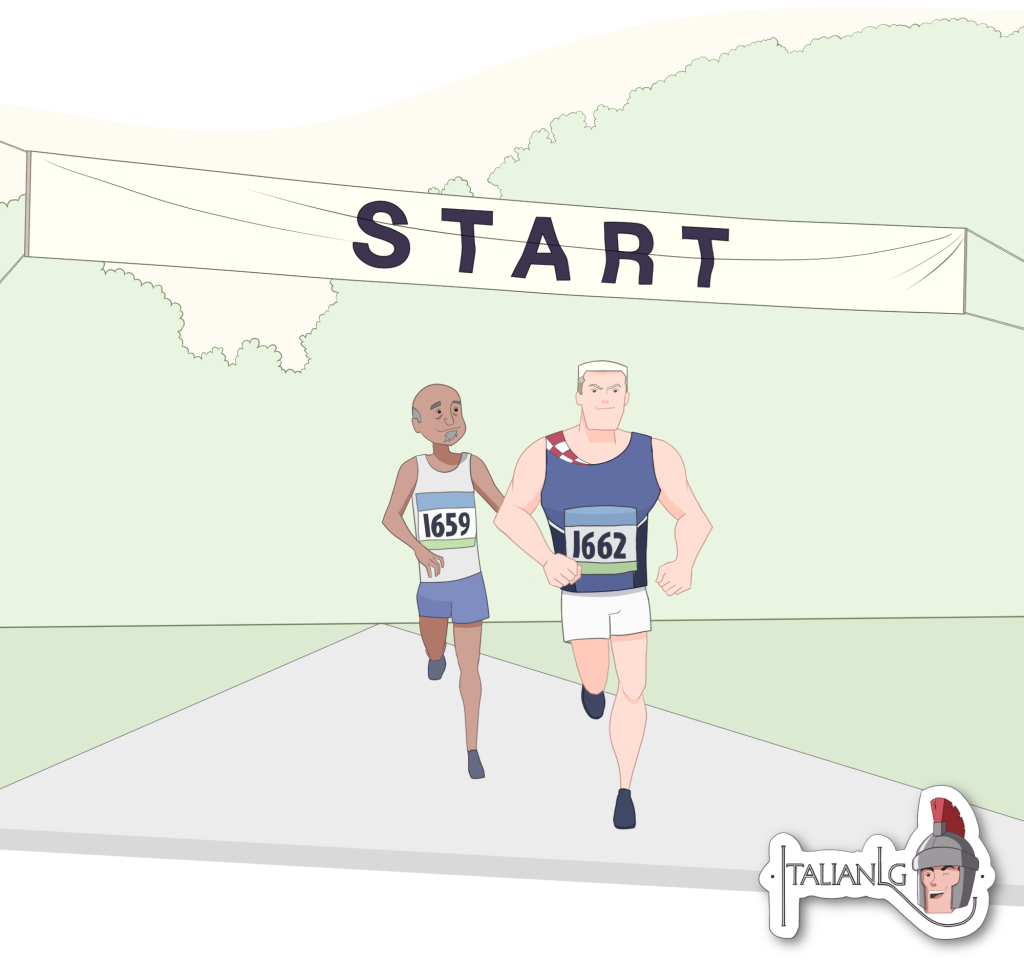 Two men start a race cartoon