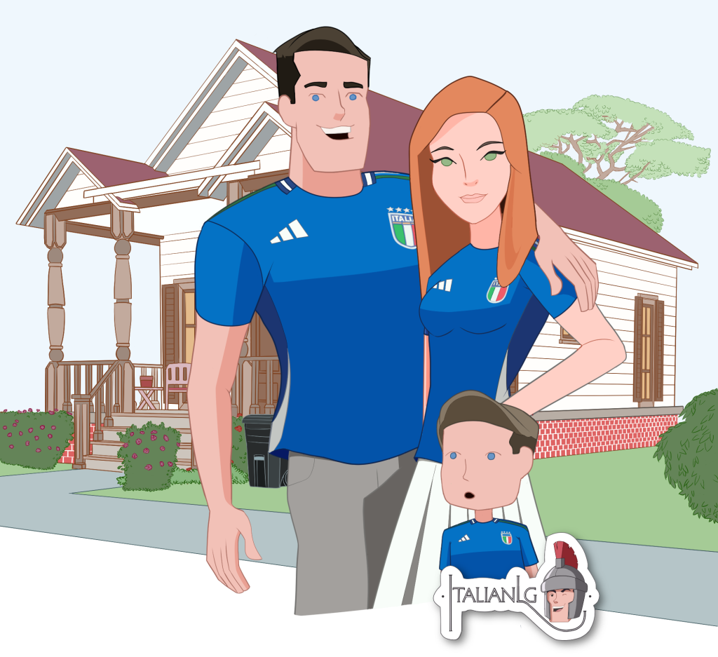 Italian family in front of their sweet home cartoon