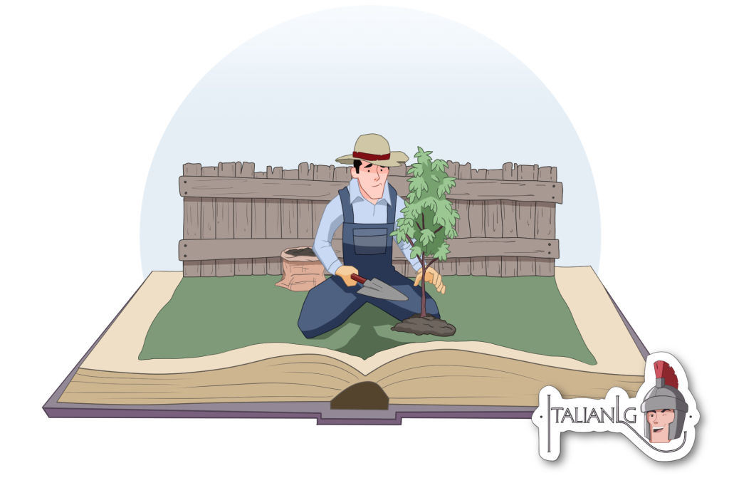 Gardener inside a book cartoon