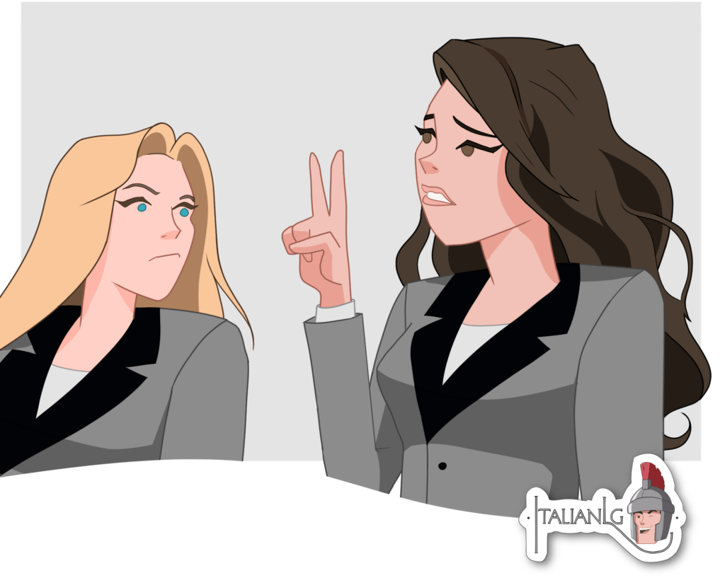 Woman showing peace hand sign to another woman cartoon