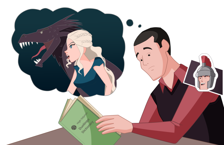 Man reading Duolingo Dictionary cartoon