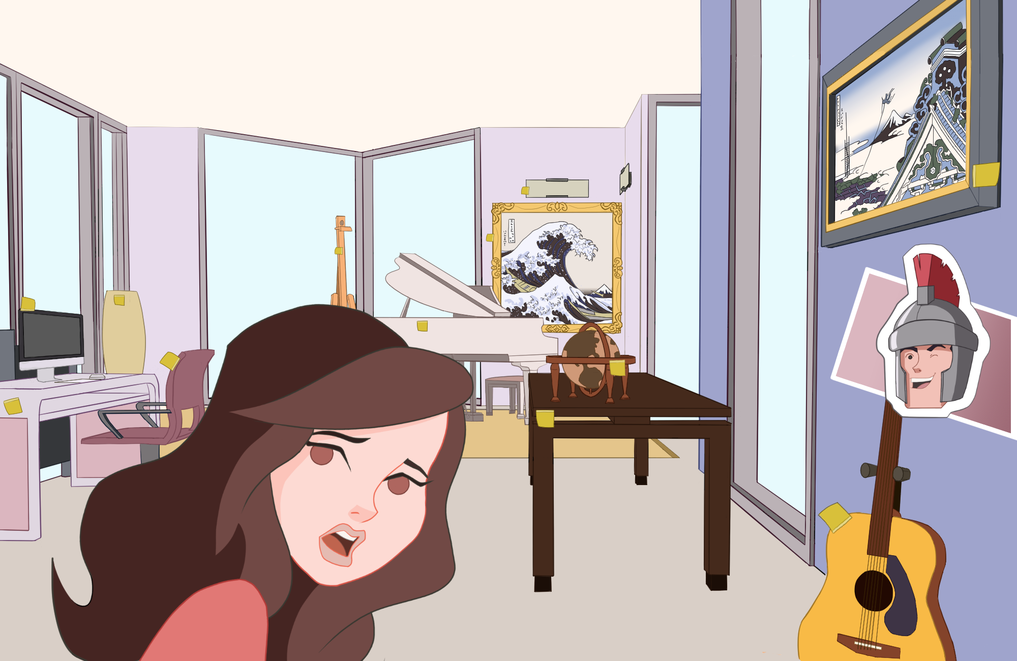 Woman surprised with Post-it notes around the house cartoon