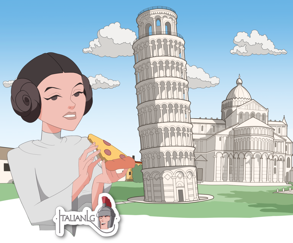 Leia Organa from Star Wars eating pizza in Pisa cartoon