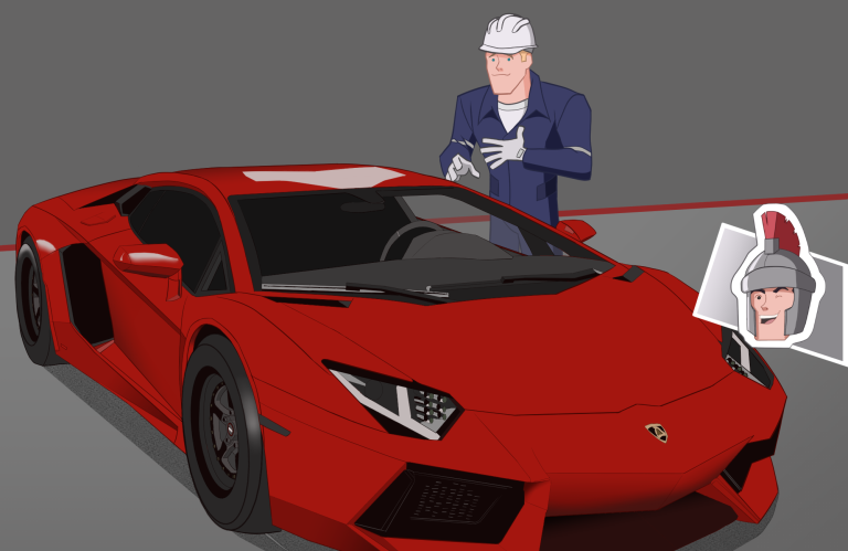 Mechanic inspecting Lambo cartoon