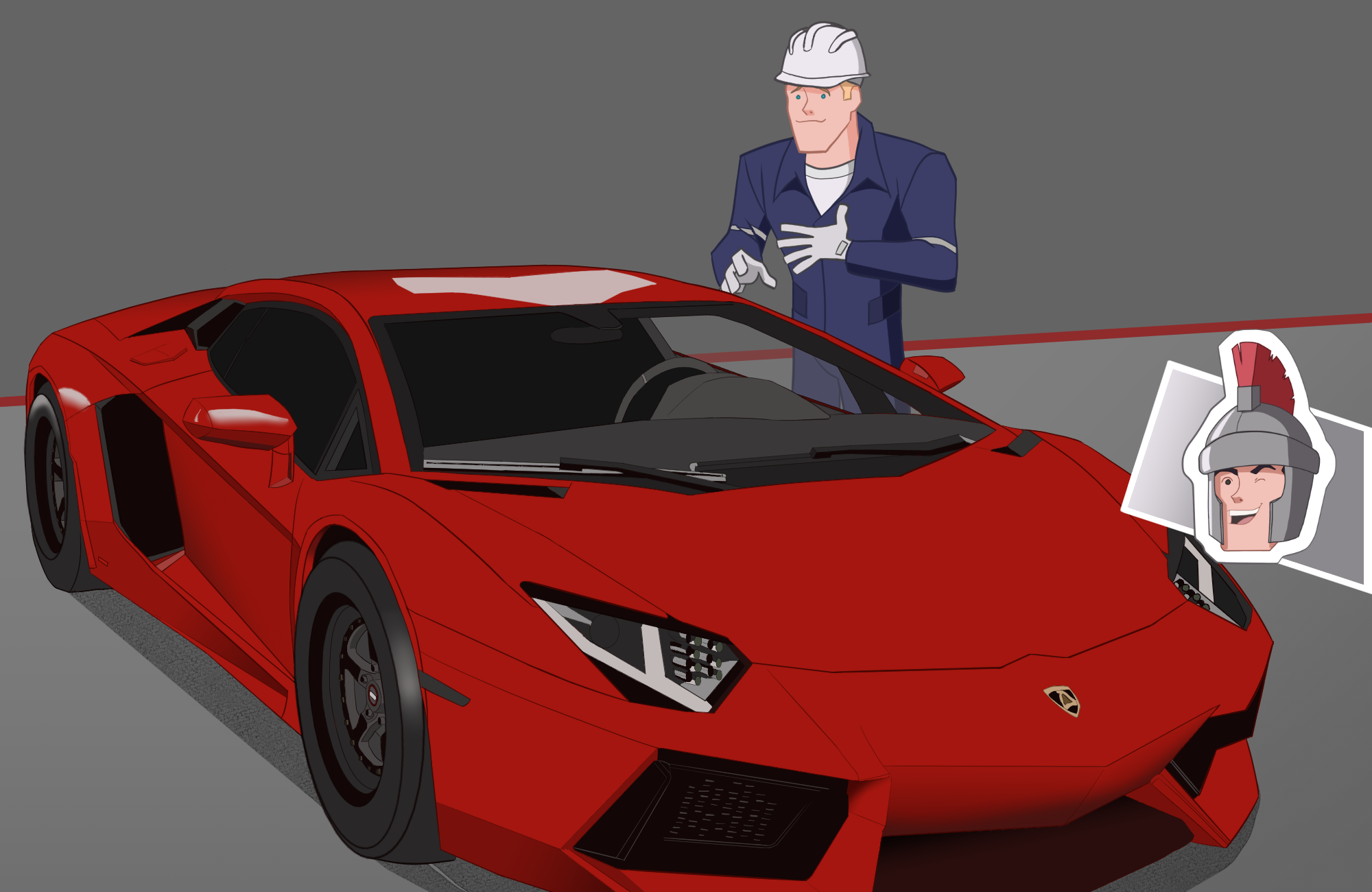Mechanic inspecting Lambo cartoon