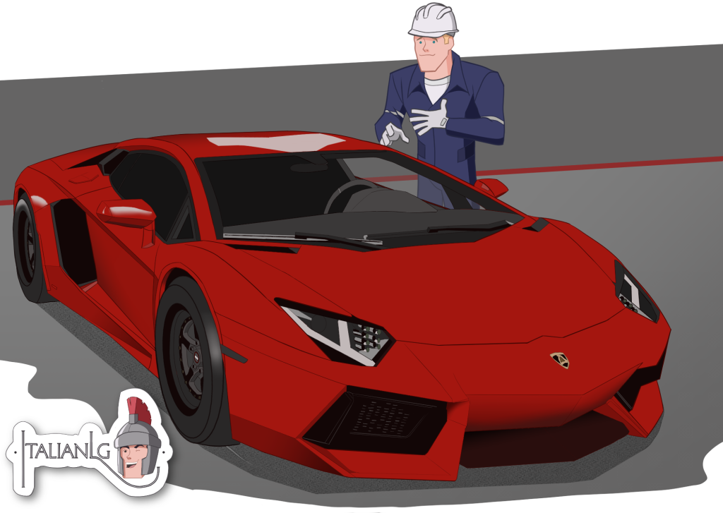 Mechanic inspecting Lamborghini cartoon