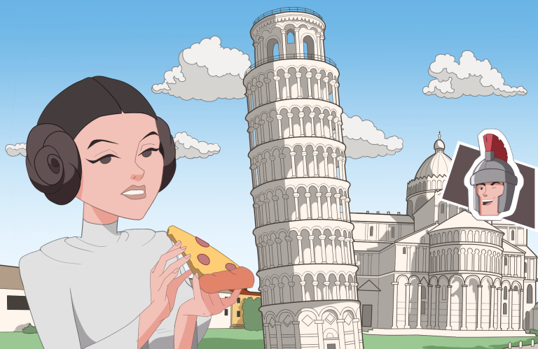Princess Leia from Star Wars eating pizza in Pisa cartoon