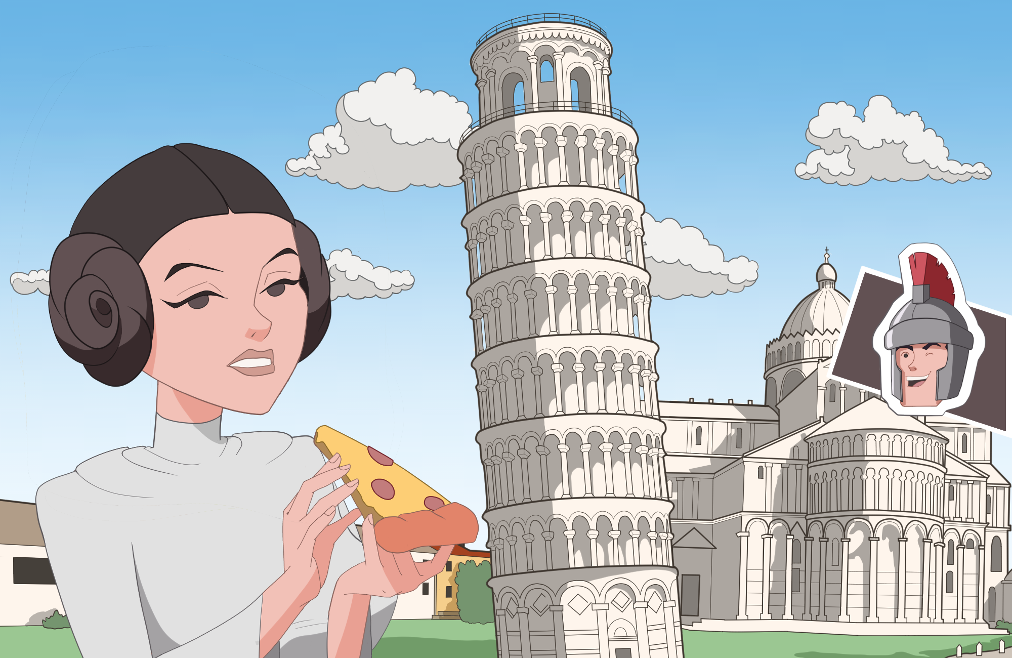 Princess Leia from Star Wars eating pizza in Pisa cartoon