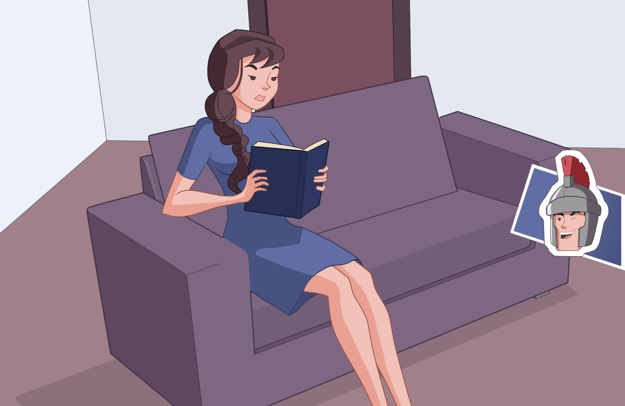 Woman reading book in Livingroom cartoon