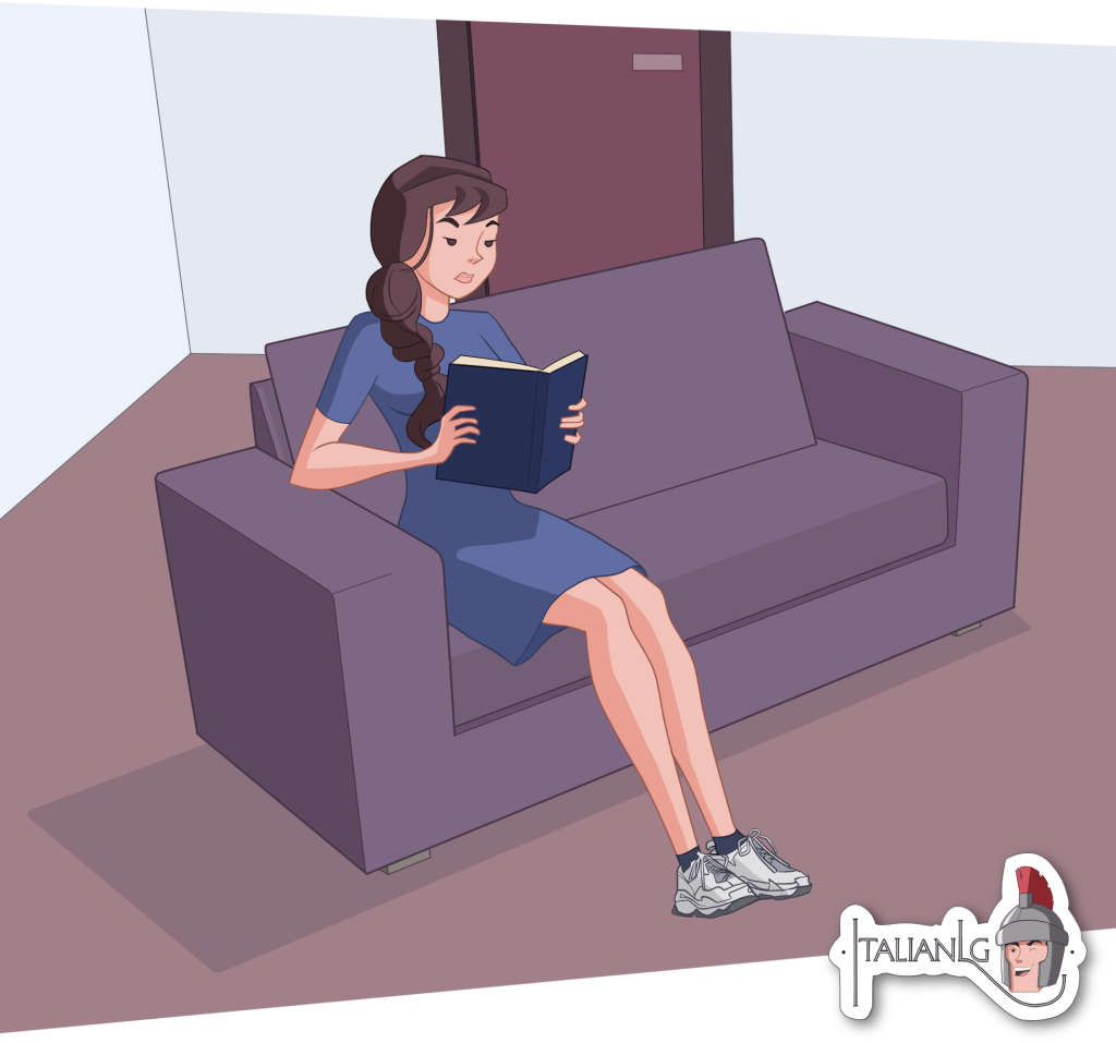 Woman reading book on sofa cartoon