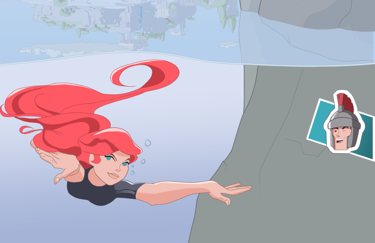 Ginger woman swimming underwater cartoon