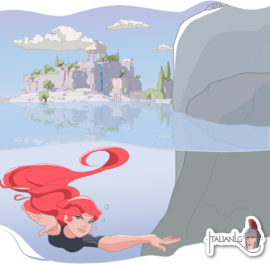 Ginger woman swimming underwater with Greek ruins above cartoon