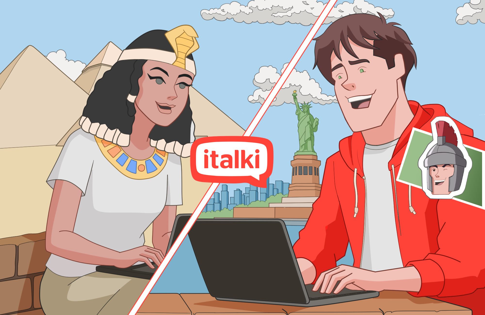 Man in US italki tutoring Woman in Egypt cartoon