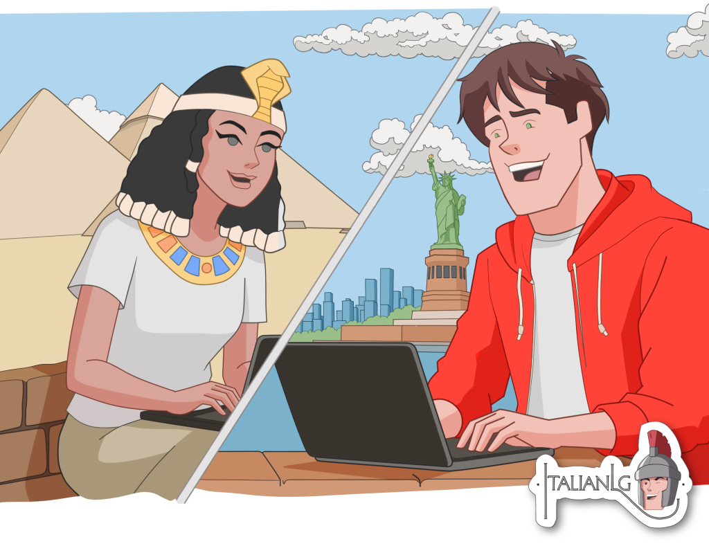 Woman in Egypt and man in US chatting online cartoon