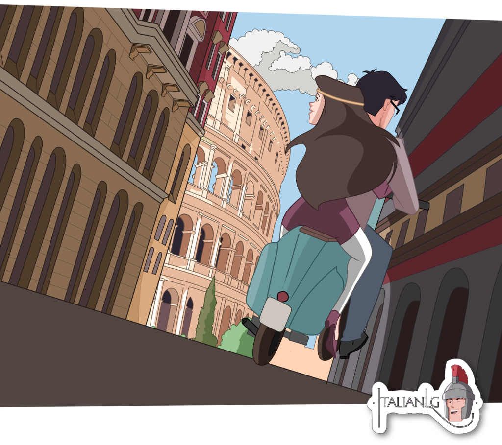 Man and woman riding on motorbike around Rome cartoon