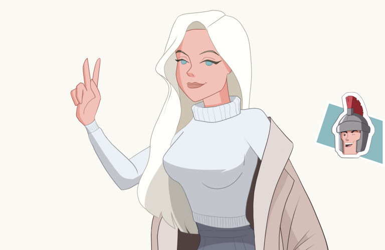 Blonde woman signaling with two fingers cartoon