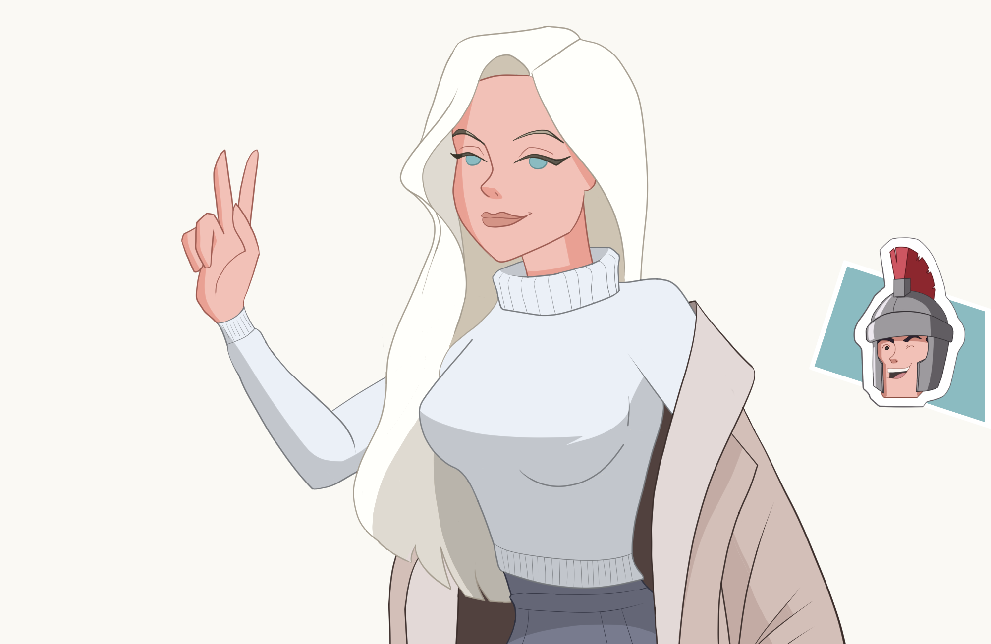 Blonde woman signaling with two fingers cartoon