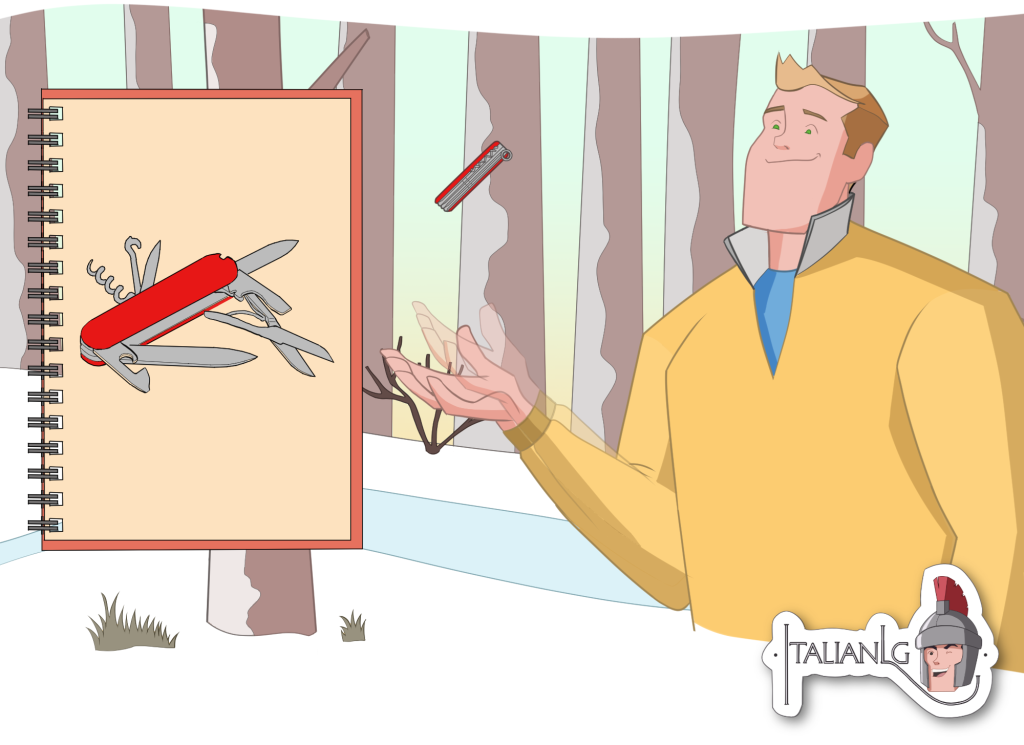 Man plays with Swiss Army knife cartoon