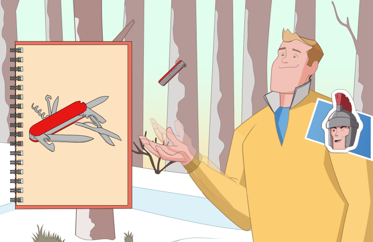 Young Man playing with Swiss Army knife cartoon