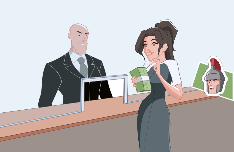 Woman withdrawing from bank cartoon