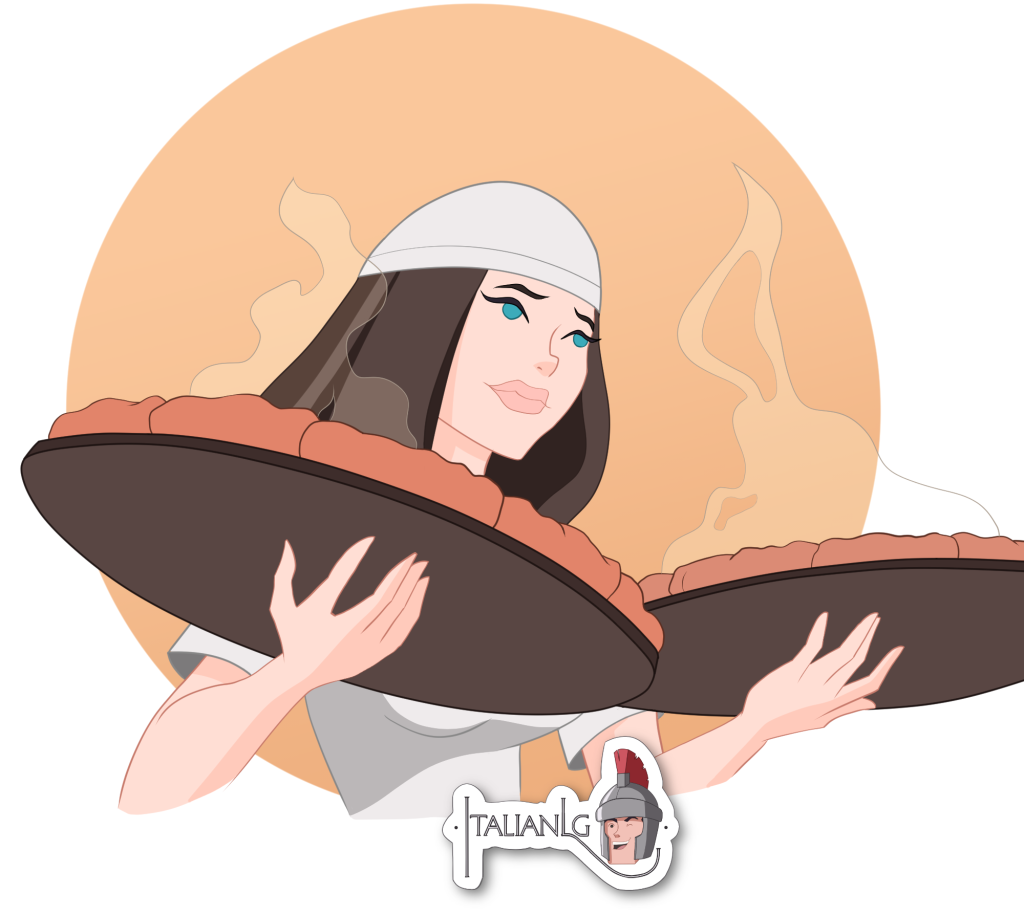 Lady serving pizzas cartoon