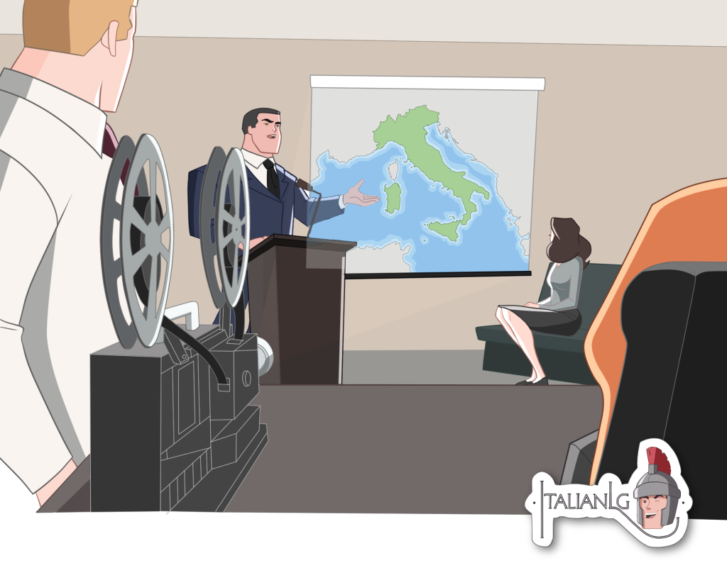 Man presenting Italian map cartoon
