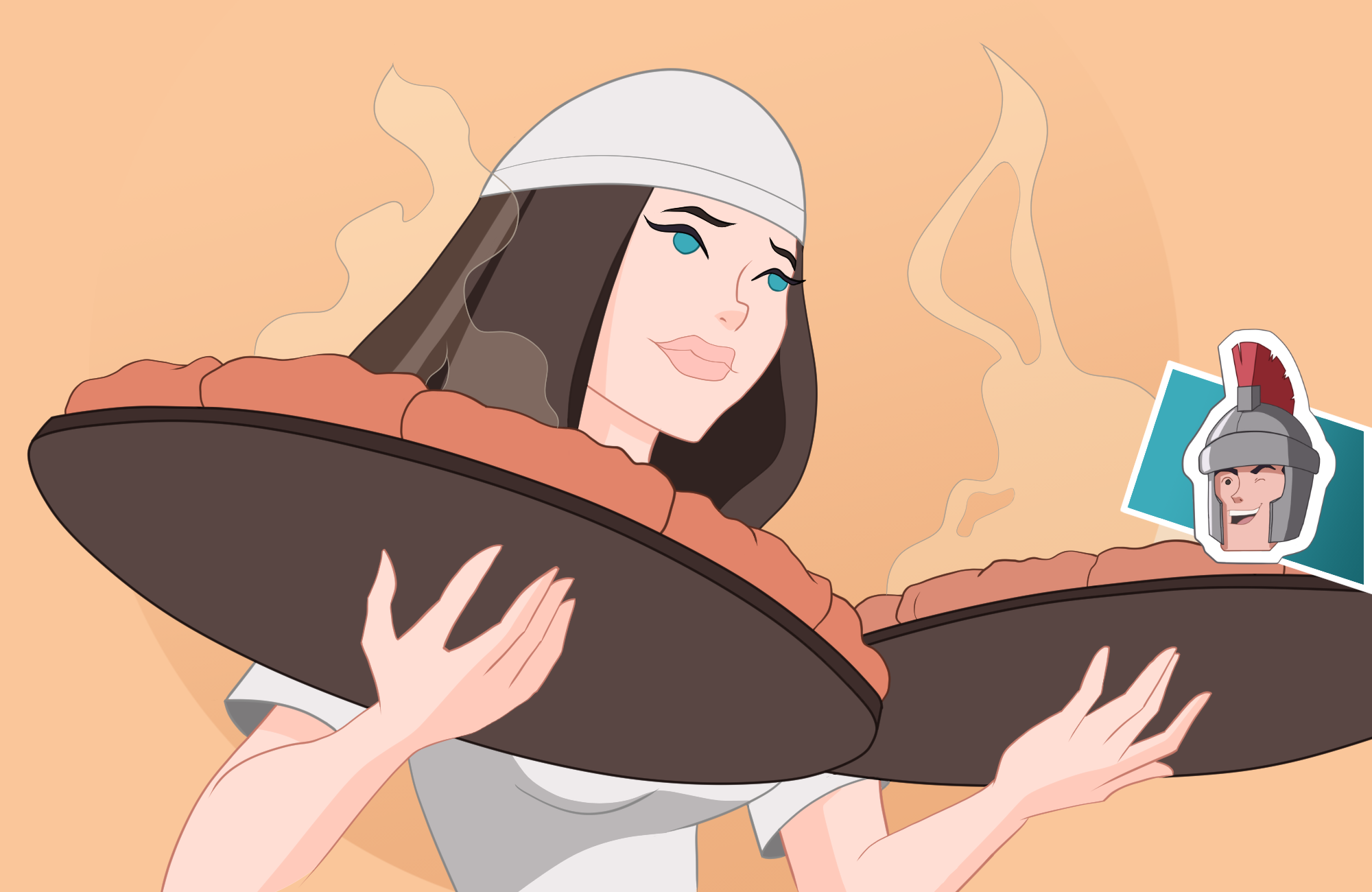 Woman serving pizzas cartoon