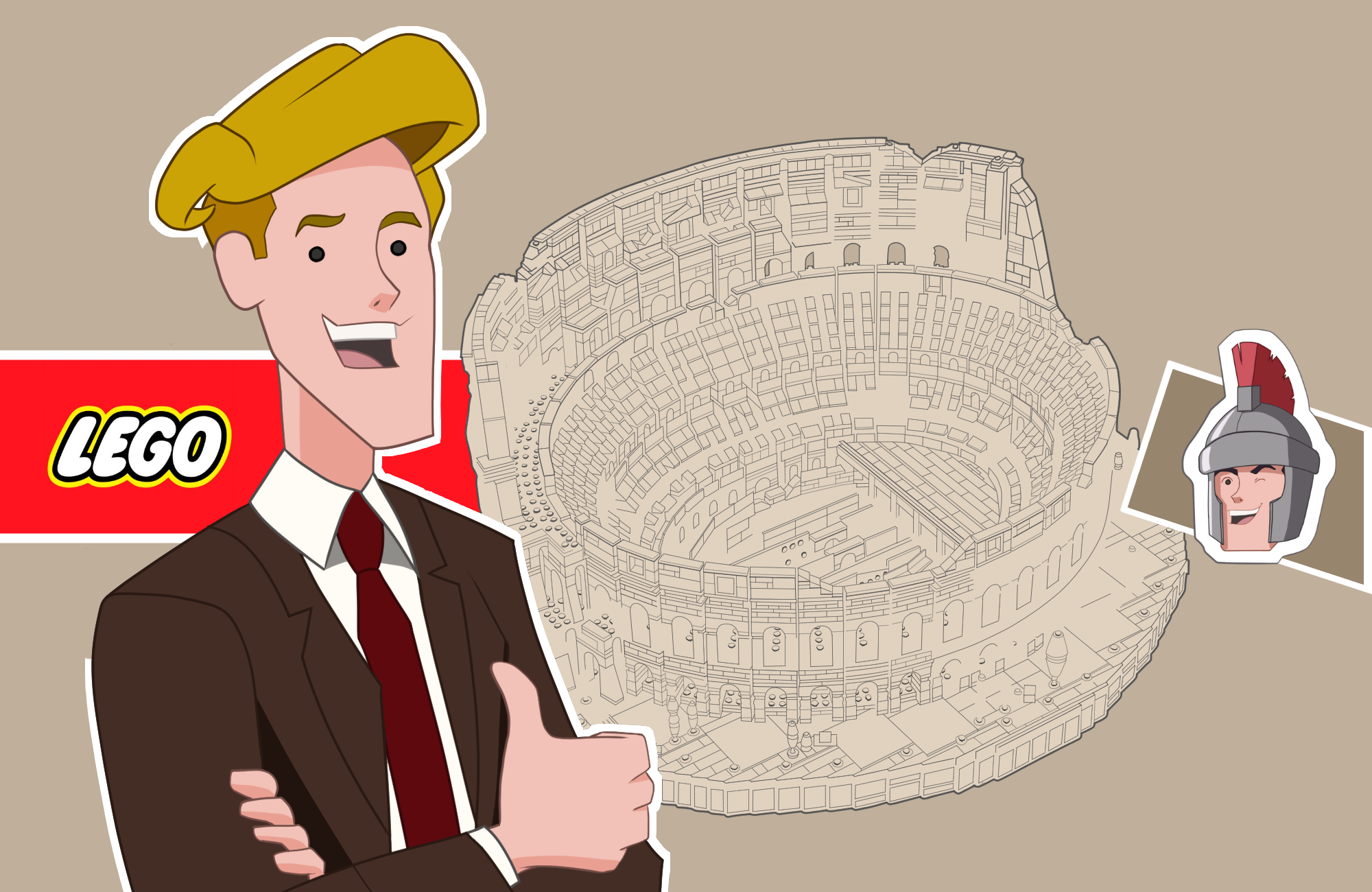 Man thumb up Lego Colosseum incomplete hand drawing cartoon